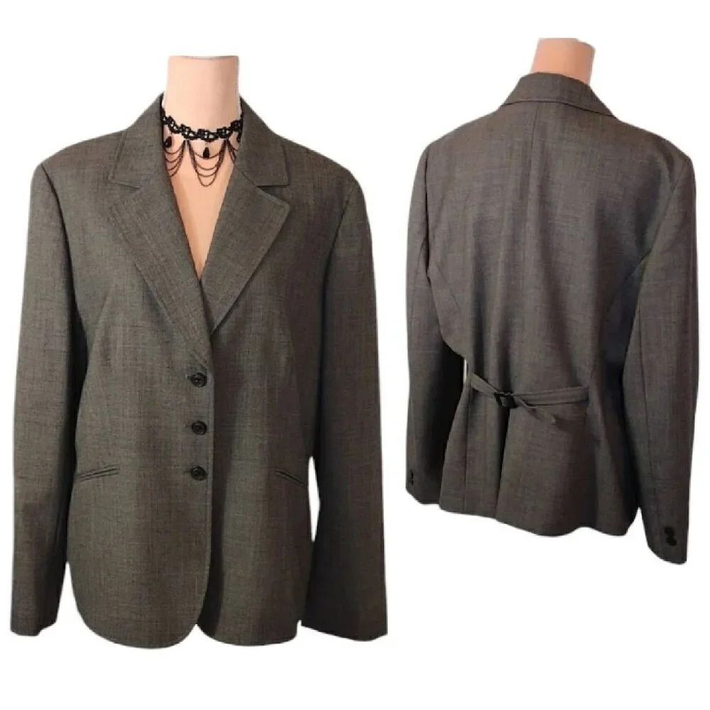 VTG 90s Tahari Levine Brown Grey Wool Blend Single Breast Blazer Plussize 18